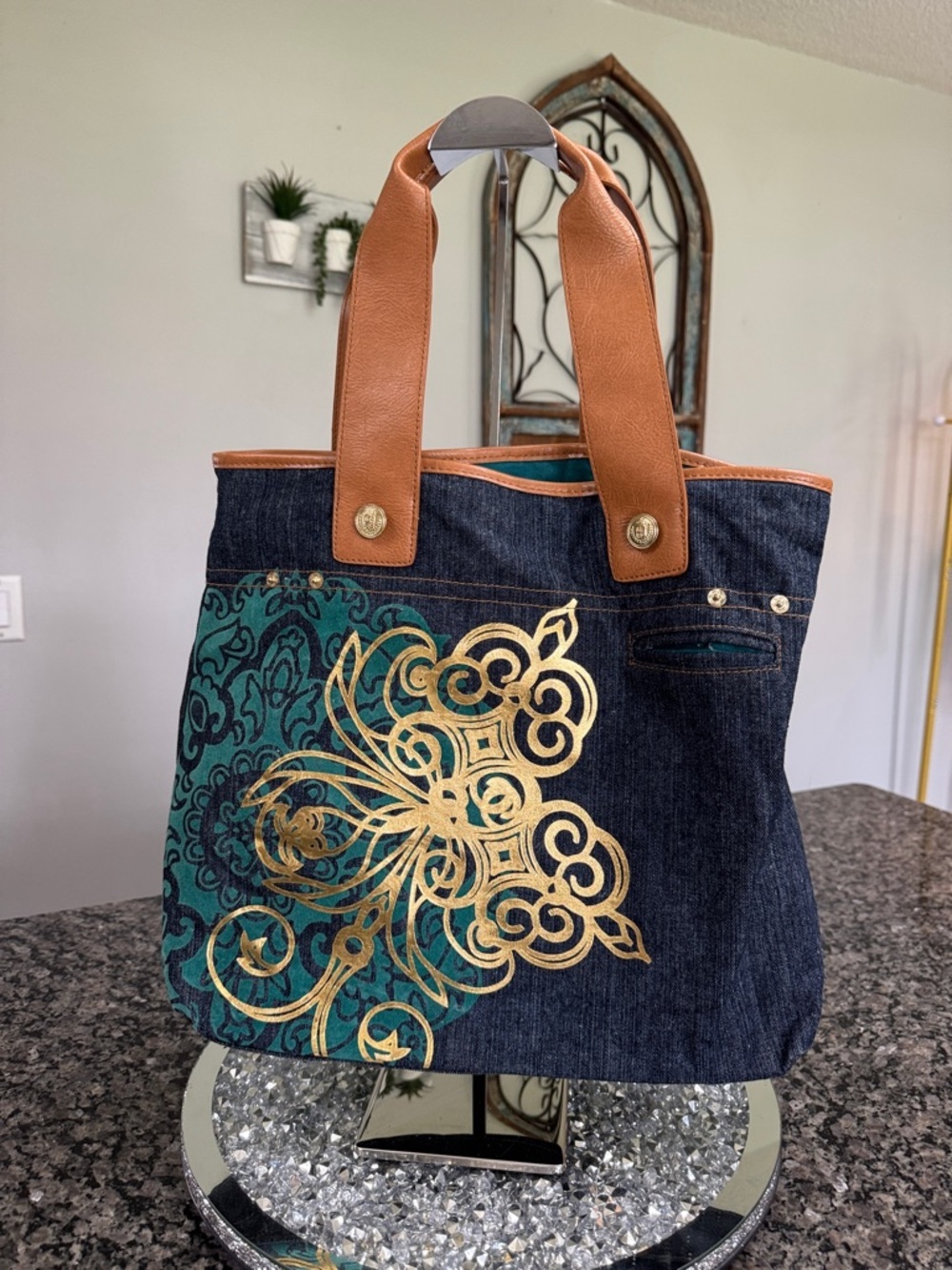 Bath & Body Works Denim Tote with Teal and Gold Accents EUC